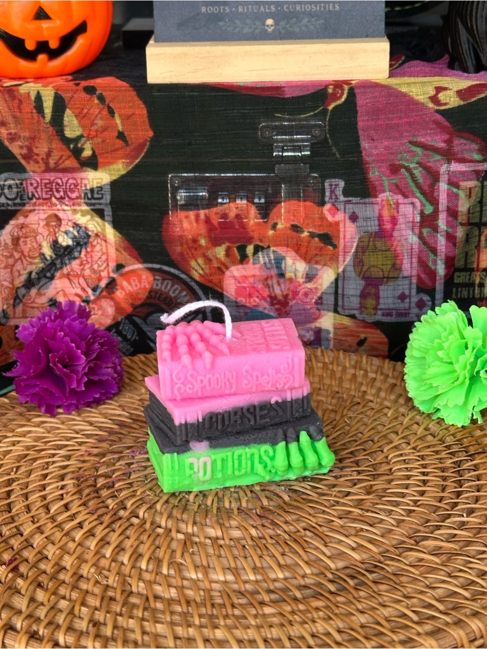 Spooky Spell Books Candle – Pink Black & Green Witchy Book Stack